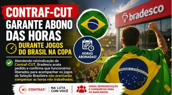Contraf-CUT garante abono das horas durante jogos do Brasil na Copa do Mundo